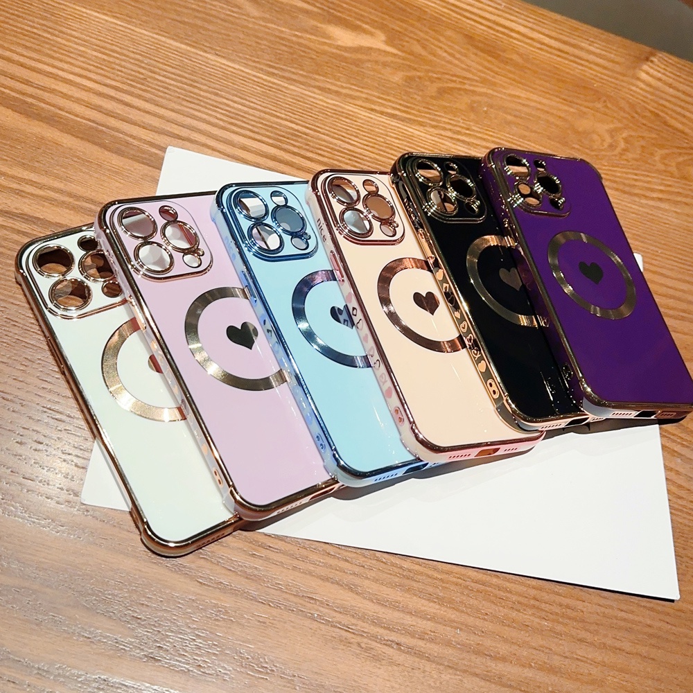 IPHONE Casing Ponsel logo Cinta plating Magnetik Untuk Iphone11 12 13 14 Pro Max14 plus 13 12 Pro max soft TPU case cover phone Perlindungan Lensa