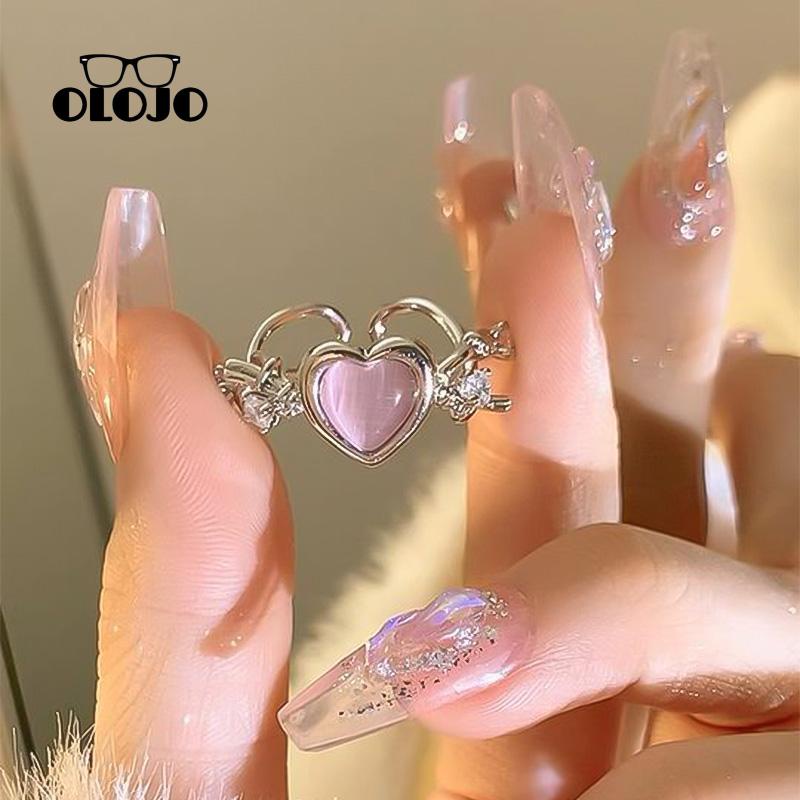 [Olojo Cincin Kawin Perempuan Manis Keren Fashion Duri Opal Zirkon Cincin Desain Rasa Cinta Merah Muda