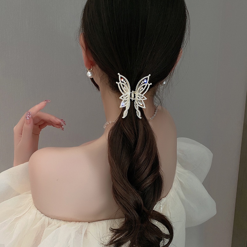 1pc Medium Hair Claw Clip Non Slip Penjepit Rambut Gaya Kupu-Kupu Gaya Berlian Imitasi Mutiara Dekorasi Jepit Tipis Tebal Rambut