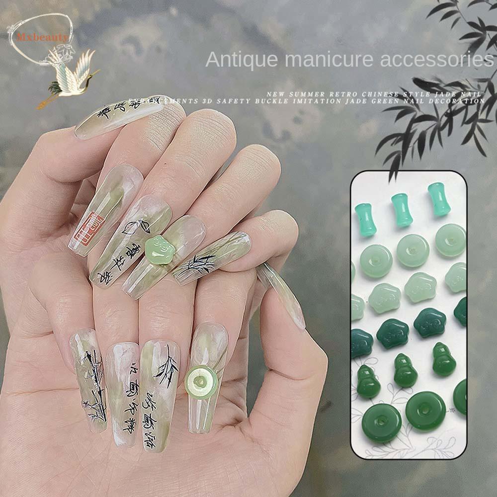 Mxbeauty Dekorasi Kuku Cina 10 Pcs Musim Panas Ping An Gesper Manicure Aksesoris Hijau Imitasi Giok Kuku Hiasan Perhiasan Kuku