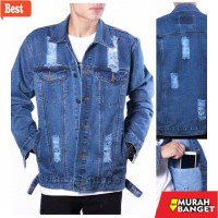 Jaket denim pria terbaru- Jaket Jeans Denim Pria Sobek Jaket Jeans Ripped Cowok Biru Tua Biowash M -