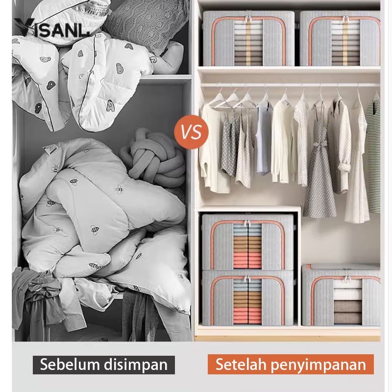 Lipat kotak penyimpanan pakaian serbaguna mainan box tahan lembab storage box baju besar organizer frame baja Double Zipper Large Box 24L 66L 100L