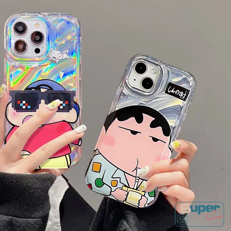 IPHONE Kreatif Kartu Crayon Shin-Chan Case Memakai Kacamata Hitam Kompatibel Untuk Iphone11 14 13 12 Pro MAX 7Plus XR X8 6 6S Plus XS MAX SE 2020 Kartun Hello Kitty 3D Stereo Corrugation Case