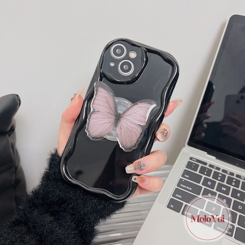 IPHONE Fantasy Braket Kupu-Kupu Lipat Ring Holder Case Kompatibel Untuk Iphone7 8 6 6s Plus 11 14 12 13 Pro Max XR XS X Max Se2020 3D Wavy Curved Edge Fashion Penutup Cat Air Sederhana