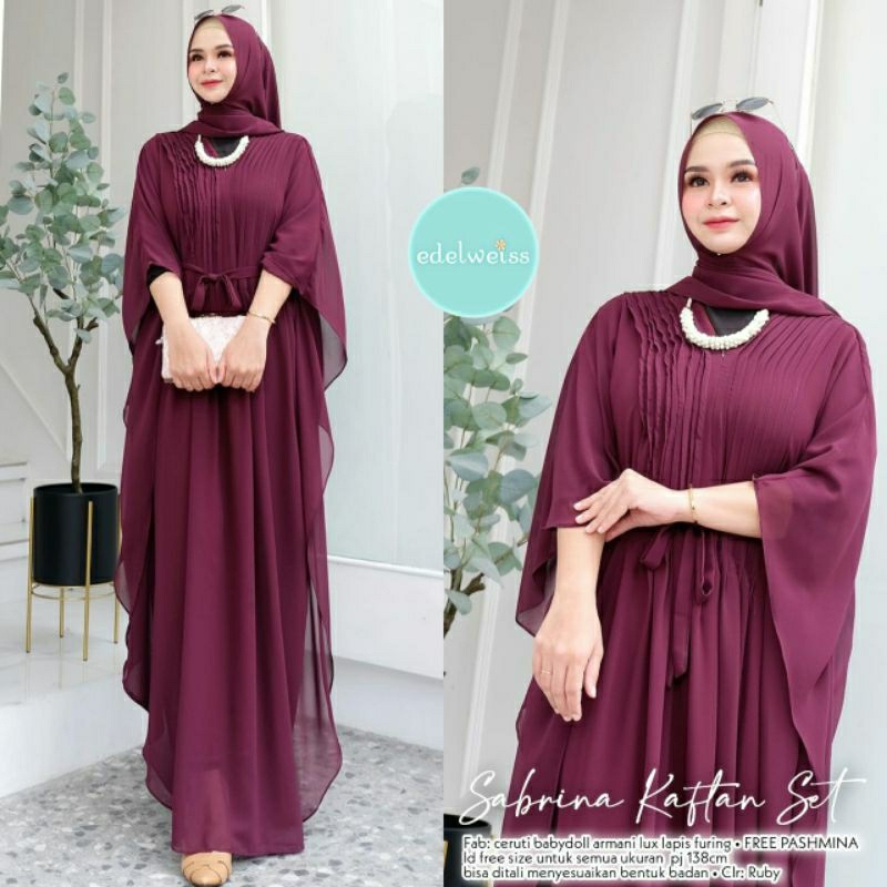 SABRINA KAFTAN SET Pashmina ORI EDELWEISS | Ceruty babydoll armani lux lapis furing