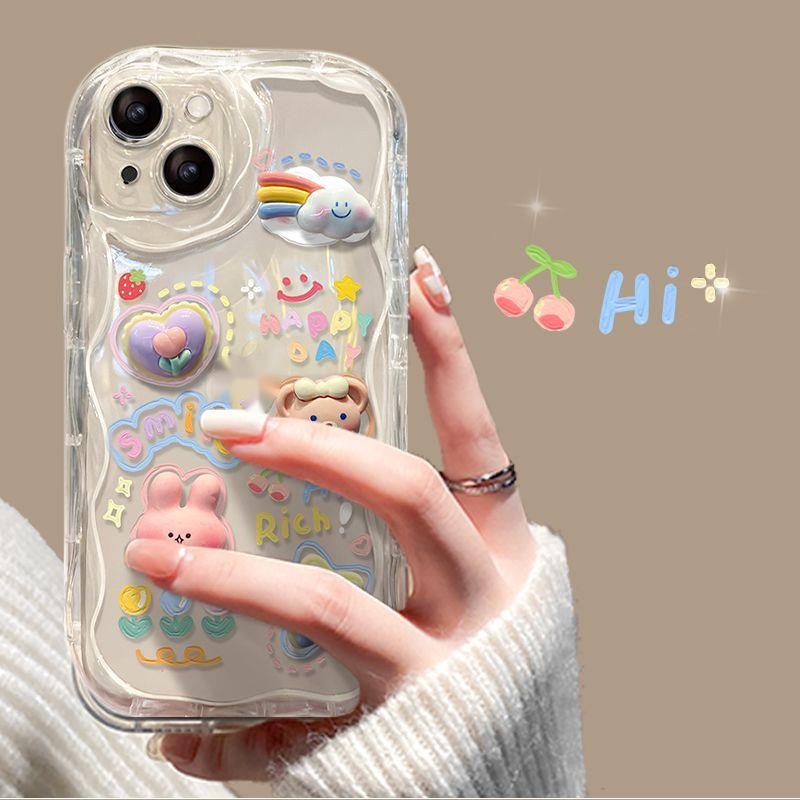 IPHONE Casing Ponsel Desain Liontin Cermin Gelombang Kelinci Beruang Awan 3d Kompatibel Dengan Iphone12 13 14 11 Pro Max X Xs Max Xr Vfqaw
