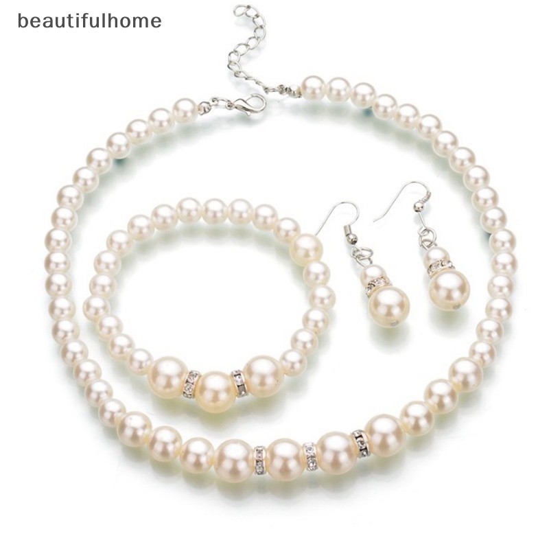 {beautifulhome} Wanita Kristal Mutiara Kalung Gelang Anting Pernikahan Pesona Perhiasan Set Hadiah.