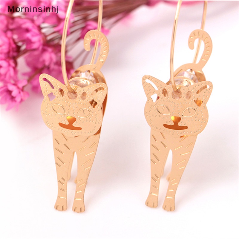 Mornin Lingkaran Emas Hewan Kucing Liontin Anting Mutiara Kait Drop Menjuntai Earrings Perhiasan id