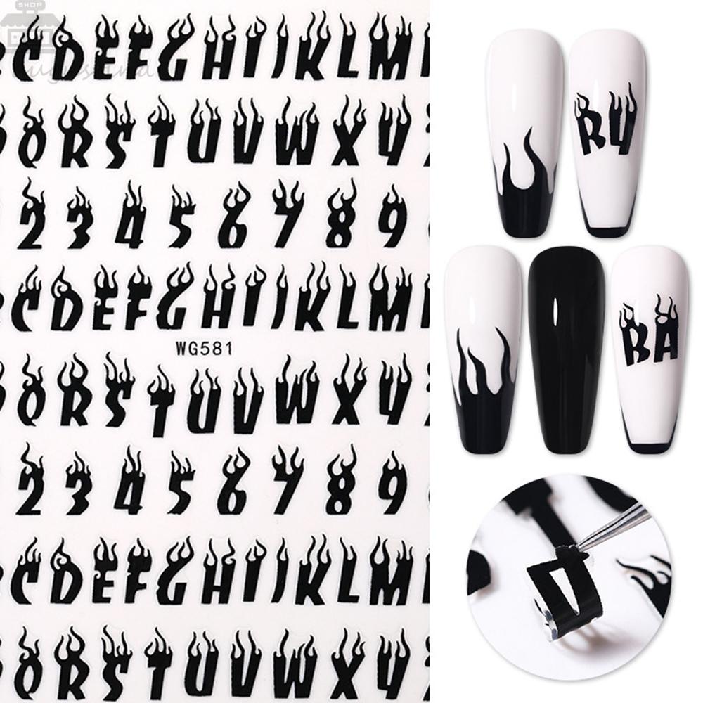 AUGUSTINA Agustina Flame Letter Nail Art Sticker Fashion Angka Pola Laser Foils Dekorasi Kuku DIY