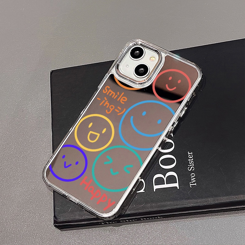 IPHONE Happy Smile Emoji Mirror Phone Case Kompatibel Untuk Iphone11 12 13 14 12Pro 13Pro 14Pro Pro Max XR X XS Max Electroplating Tombol Perlindungan Mirror Cover