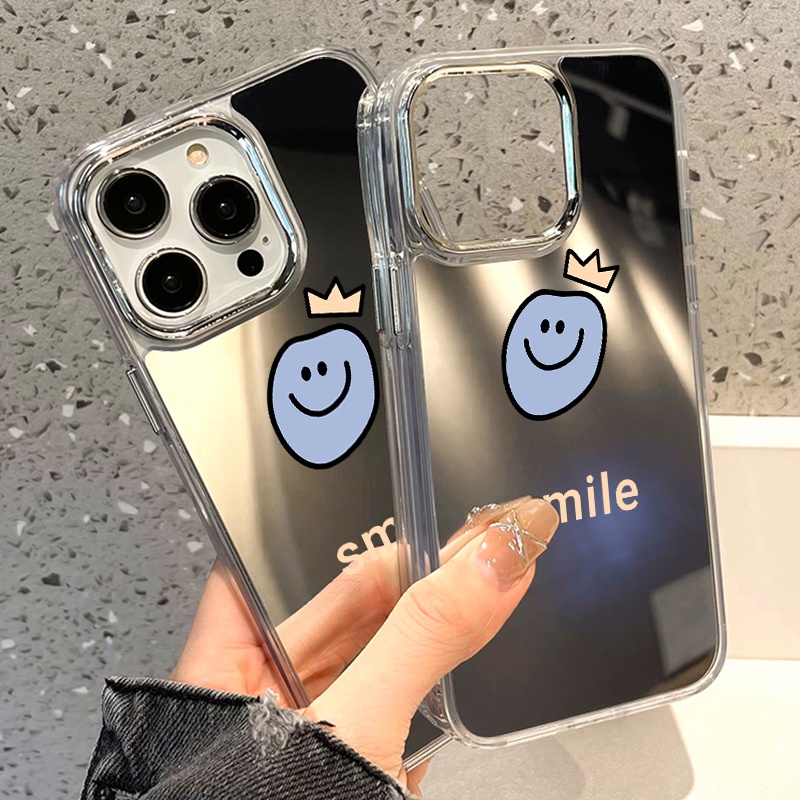 IPHONE Smile Emoji Mirror Phone Case Kompatibel Untuk Iphone11 12 13 14 12Pro 13Pro 14Pro Pro Max XR X XS Max Electroplating Tombol Perlindungan Mirror Cover