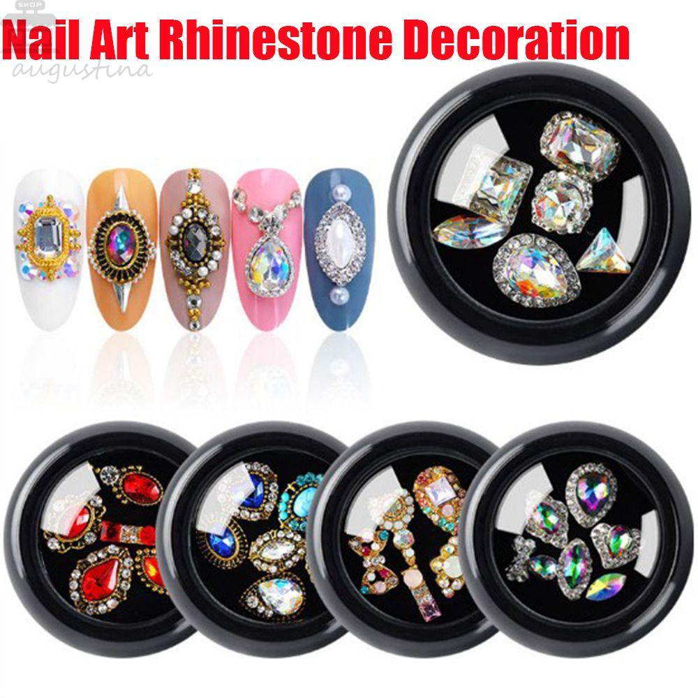 AUGUSTINA Augustina Nail Art Charms 6Pcs /Set Tips 3D Warna-Warni Manicure Charm Kaca Oktagonal Studs Alloy Crystal