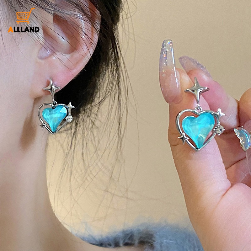 Anting Tetes Zirkon Asterisme Keren Manis/ Anting Liontin Cinta Riak Air Vintage Korea/ INS Perhiasan Telinga Menjuntai Biru Neon