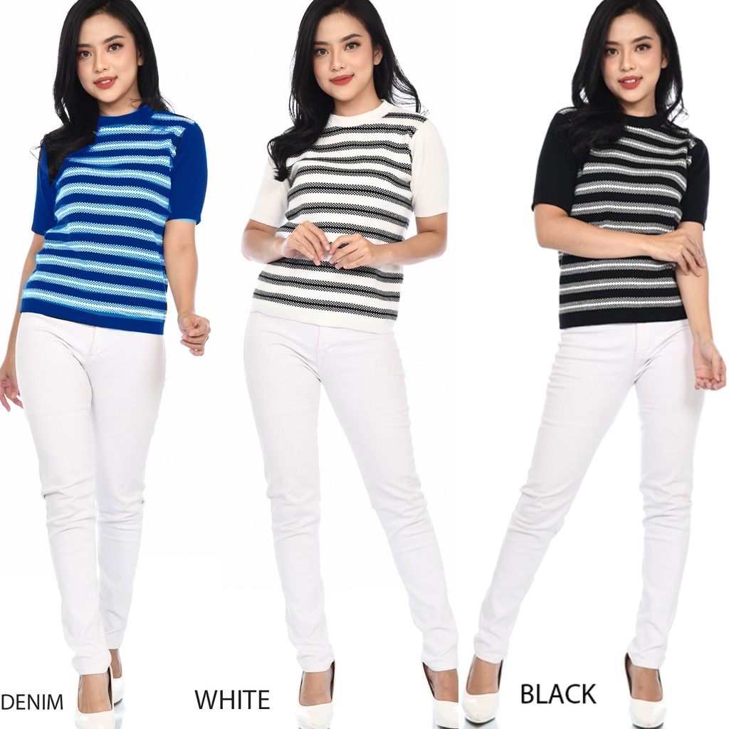 (B202) short sleeve round neck knit motif  blouse wanita rajut