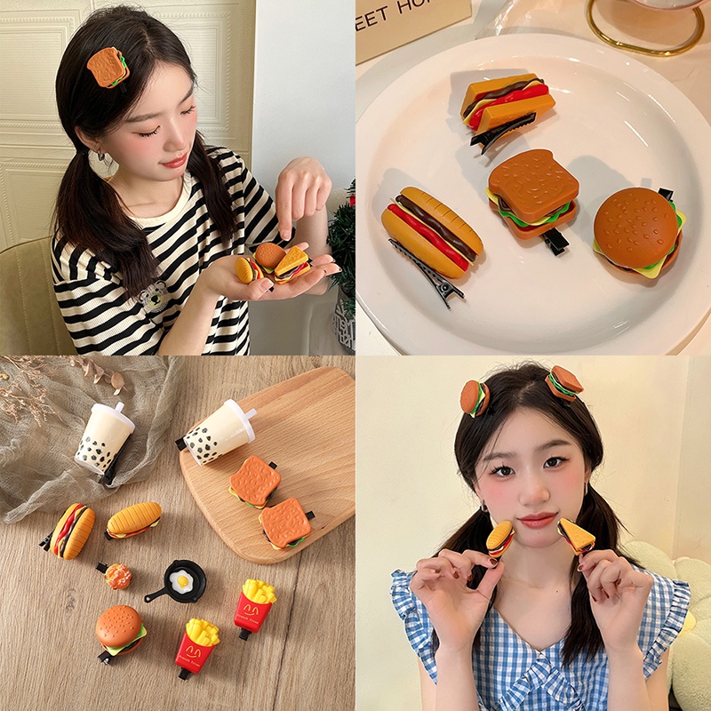 Kreatif Lucu Simulasi Makanan Hamburger Kentang Goreng Mini Rambut Klip Gadis Lucu Jepit Rambut