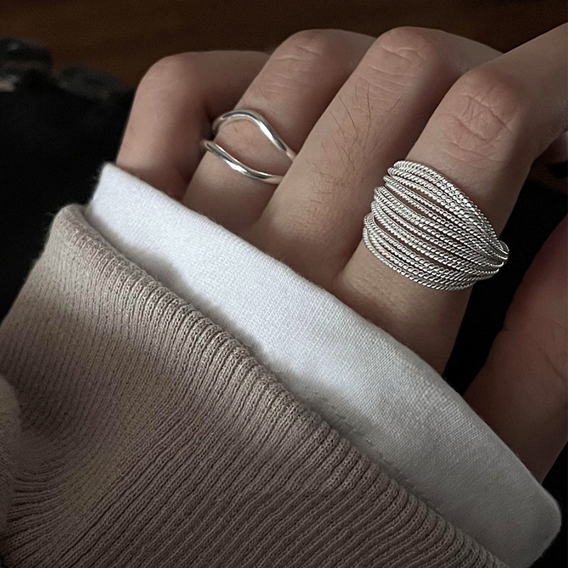 Cincin Vintage Terbuka Yang Dapat Disesuaikan Pesta Hadiah Ulang Tahun Gaya Punk Gadis Tidak Teratur Cincin Keperakan Garis Multi-layer Logam Rings