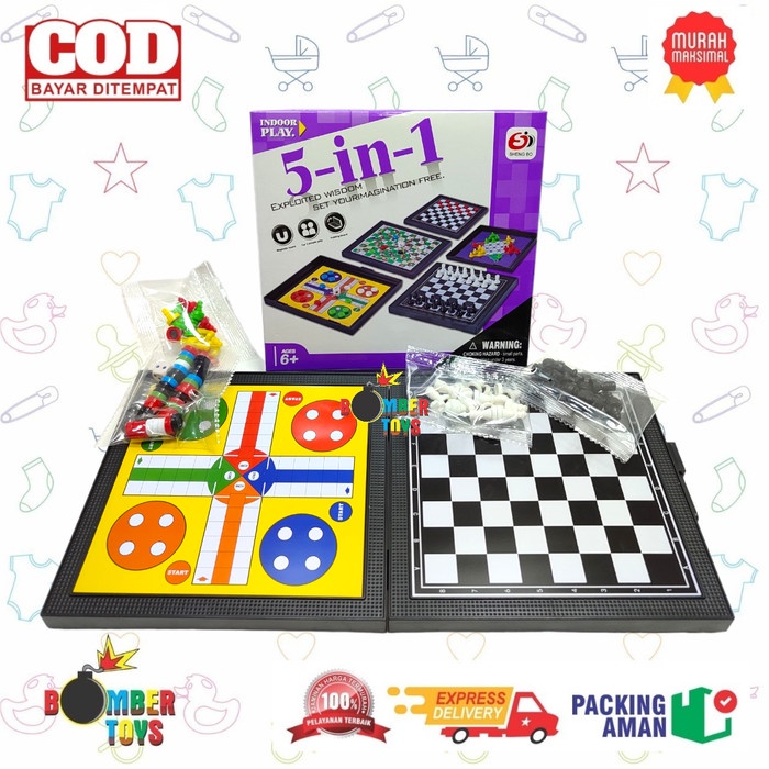 MAINAN ANAK KELUARGA BOARD GAME 5 IN 1 MAGNET LUDO CATUR HALMA ULAR TANGGA