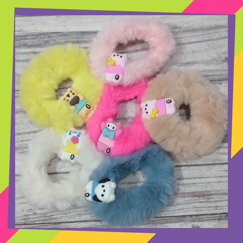 5103 / Ikat rambut bulu halus import sanrio elastis / scrunchie rambut bulu halus korea [ isi 6Pcs &amp; 3Pcs ]