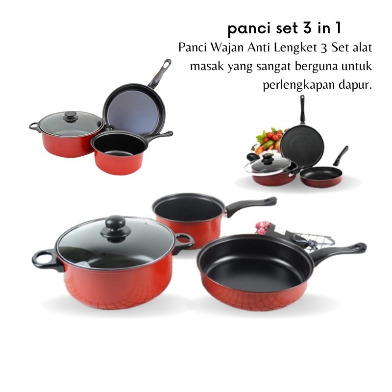 GOS - D307- Panci set Anti Lengket 3pcs / Panci Teflon Tutup Wajan Kaca / 3PCS Panci,Teflon,Wajan