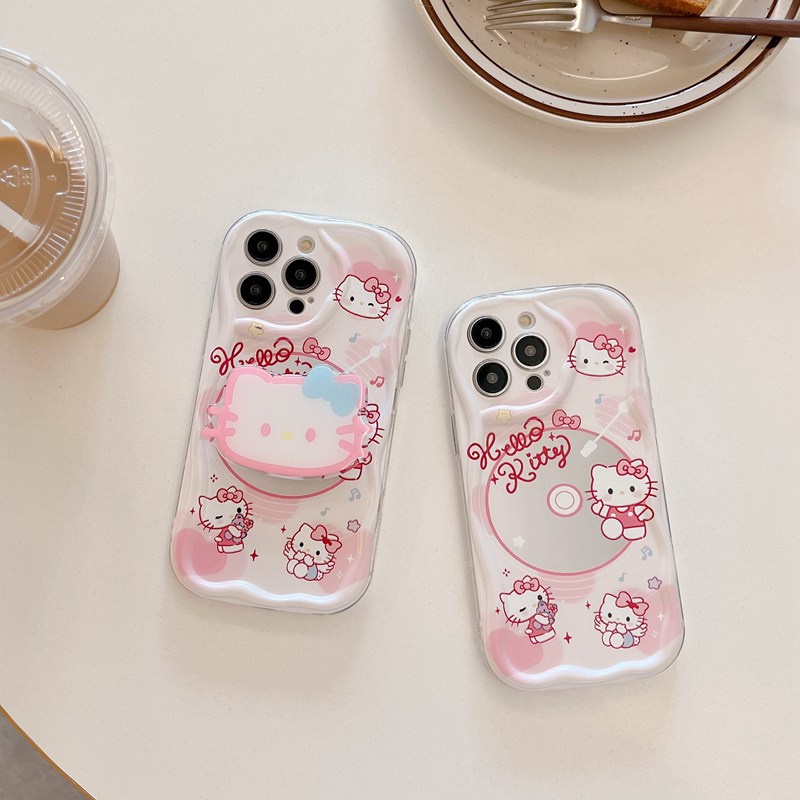 Cream Casing CD Hello Kitty Popsocket Soft Case HP iP iPhone 6 6S 7 8 14 + Plus SE 2020 2022 X XS XR 11 12 13 Pro Max Girl Woman