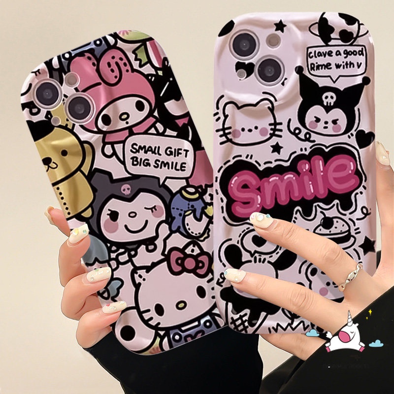 IPHONE Casing Kartun Hello Kitty Cute Kulomi 3D Wavy Curved Edge Case Kompatibel Untuk Iphone7 8 6 6s Plus 13 11 12 14 Pro Max XR X 7Plus XS Max SE 2020 Shockproof Doodle Comic English Soft Case