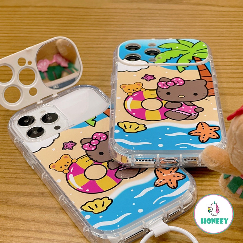 IPHONE Musim Panas Pantai Kitty Flip Mirror Phone Case Kompatibel Untuk Iphone14 Pro 13 12 Pro Max Case Iphone11Tempat Sederhana Shockproof Back Cover