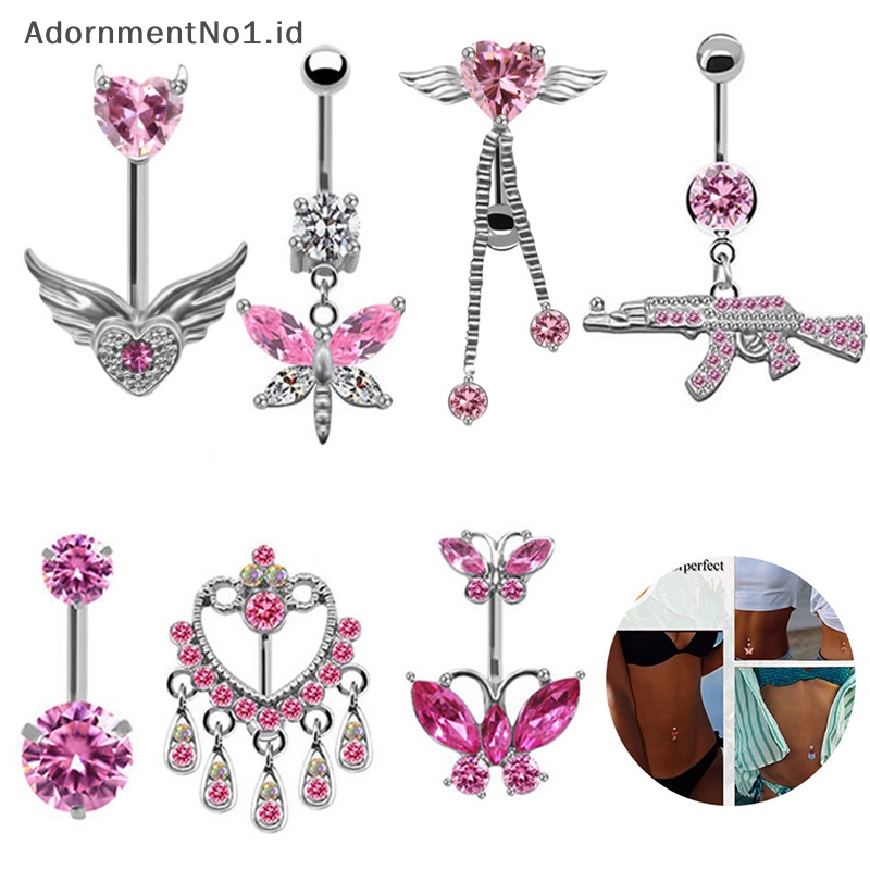 [AdornmentNo1] Stainless Steel Butterfly pusar perut kancing cincin untuk wanita Fashion bentuk hati cincin Pink Kitty tubuh s perhiasan