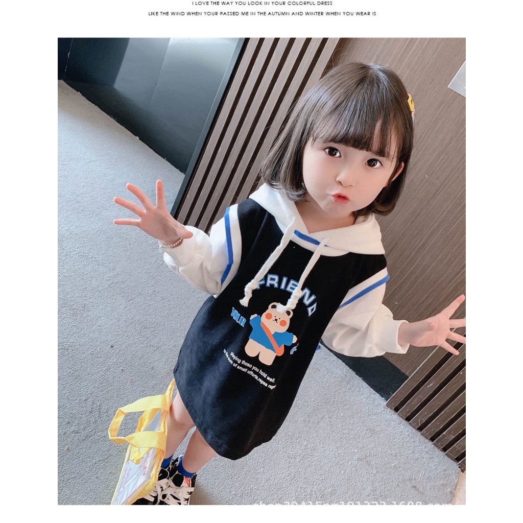 SWEATER DRESS HOODIE ANAK MOTIF BEAR LENGAN PANJANG IMPORT