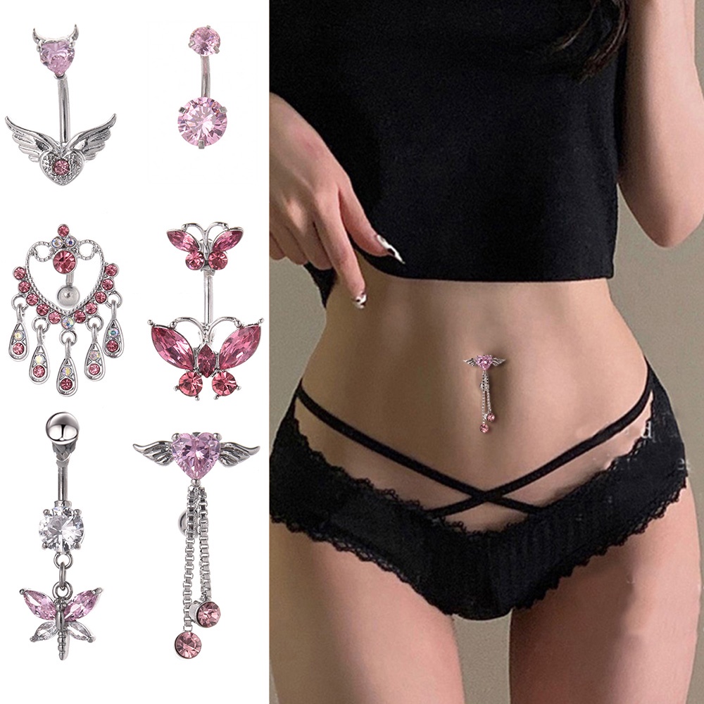 [Hot Sale] Angel Wings Belly Button Rings Fashion Y2K Cinta Cincin Perut Wanita Gadis Stainless Steel Tubuh Perut Bar Tindik Zirkon Perhiasan Kepribadian