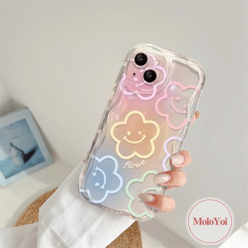 Cartoon Smiley Fresh Flowers Holder Bracket Case Compatible for IPhone 7 6 8 6s Plus XR X XS Max 11 14 13 12 Pro Max SE 2020 3D Wavy Curved Edge INS Korean Colorful Graffiti Cover