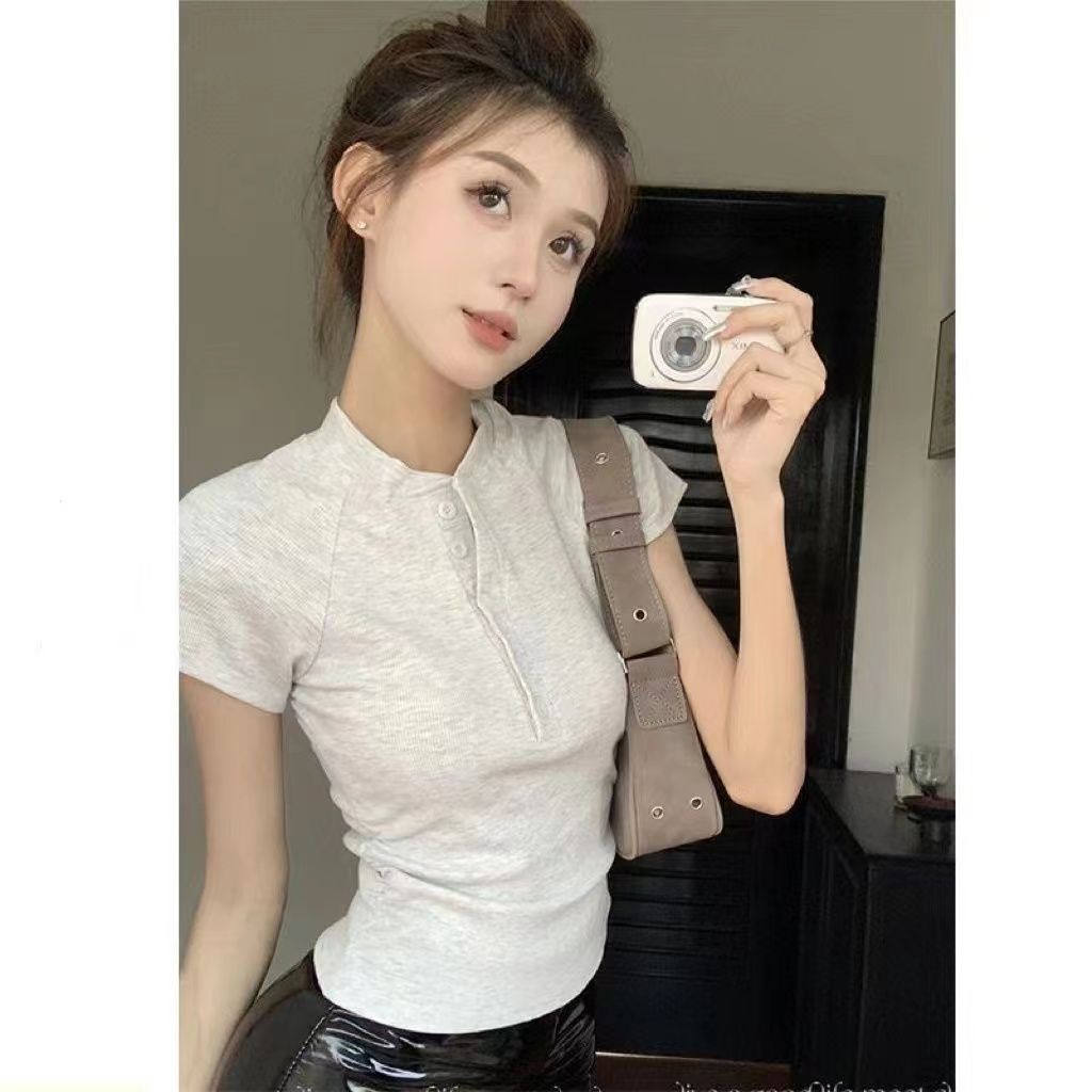 Kaos Polos Wanita Summer Lengan Pendek Vintage Crewneck Crop Top