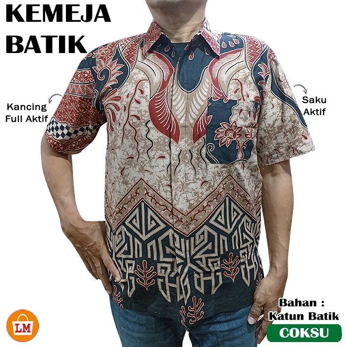 LM 33443 Kemeja BATIK Pria Lengan Pendek Katun Batik Premium Size M-XL Terbaru