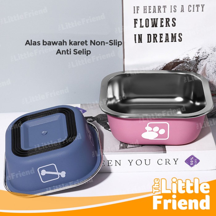 Tempat Makan Kucing Anjing Stainless Steel Square Shape Non-Slip Bowl