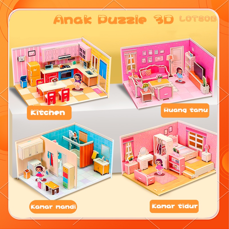 3D susun DIY Rumah House Mainan Edukasi Anak Puzzle 3D Miniatur DIY Jigsaw Kecil  Mainan puzzle busa