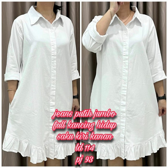 Promo Style COD Dress Tunik Jeans Putih Lengan Panjang Jumbo Denim Putih Oversized - Putih