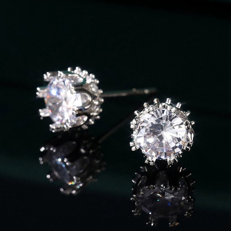 Wanita Bulat Kristal Solitaire Berlian Studs Halo Earrings