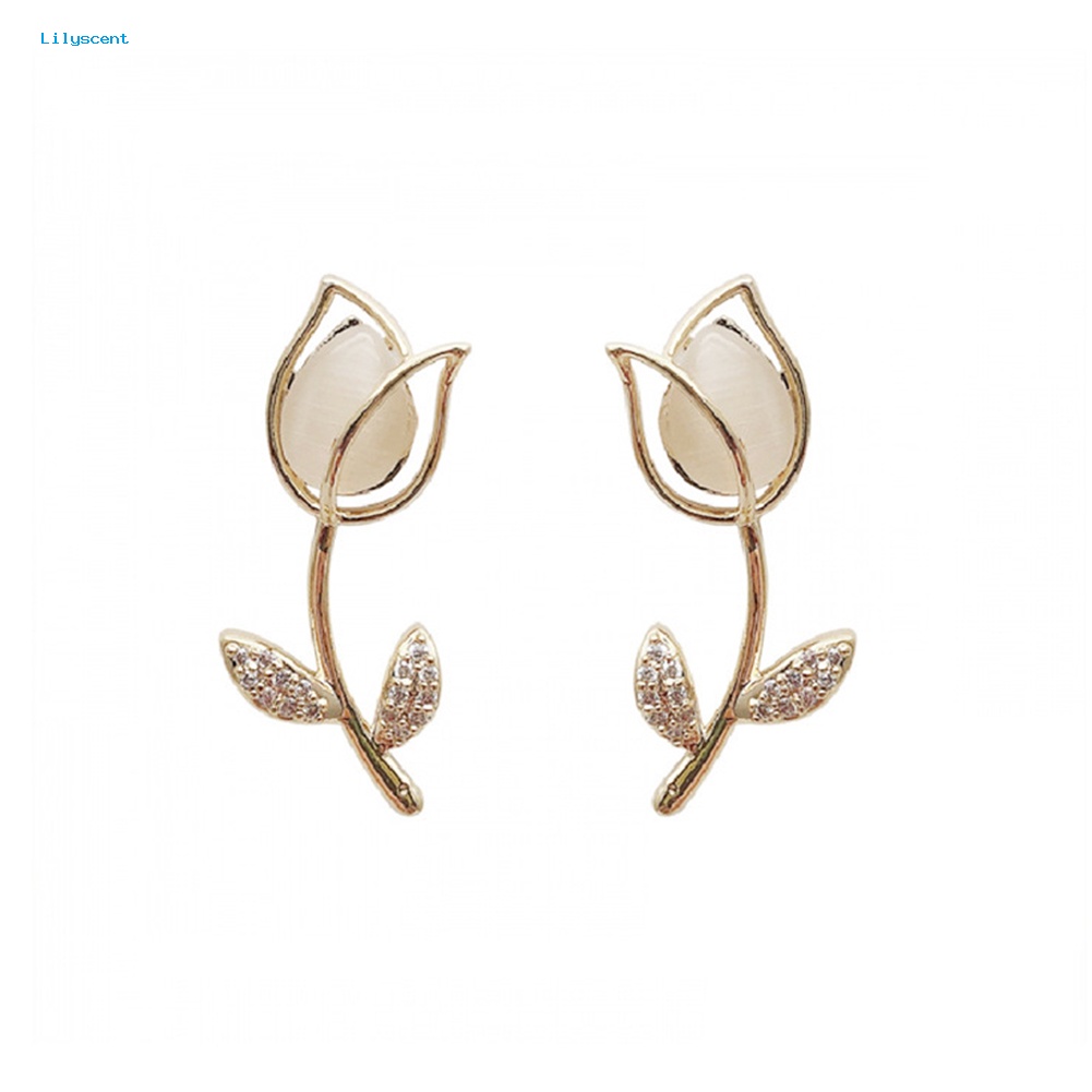 Lilyscent Wanita Fashion Kelopak Mawar Daun Imitasi Batu Permata Berongga Keluar Tindik Stud Earrings