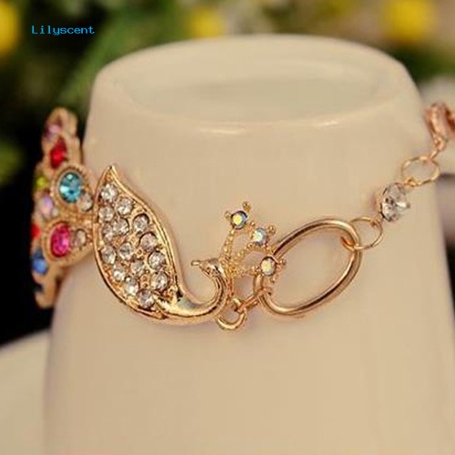 Lilyscent Wanita Vintage Warna-Warni Berlian Imitasi Merak Burung Rantai Bangle Gelang Perhiasan