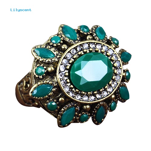 Lilyscent Wanita Gaya Etnik Retro Resin Alloy Perhiasan Pesta Cincin Bunga Besar Ukuran 7-10