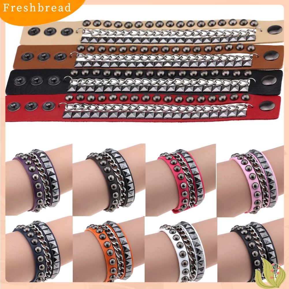 &lt; Freshbread &gt; Berlapis Wanita Punk Rock Rivet Gelang Bertabur Kulit Imitasi Rantai Logam Bangle