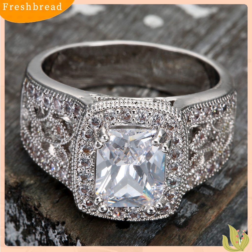 &lt; Freshbread &gt; Shiny Bright Luster Copper Women Ring Berongga Timbul Pola Bunga Cubic Zirconia Cincin Perhiasan Aksesoris