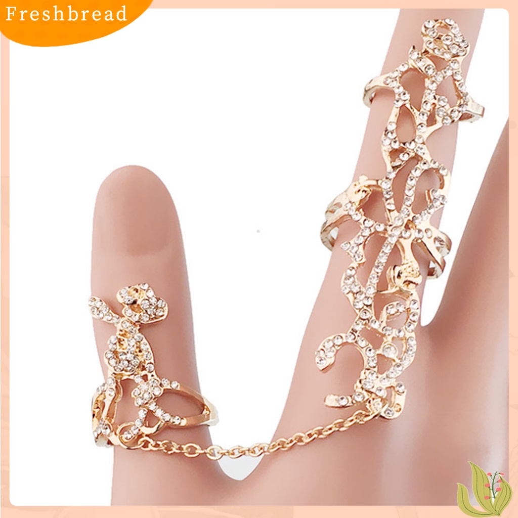 &lt; Freshbread &gt; Cincin Jari Adjustable Berlian Imitasi Tertanam Alloy Hollow Rose Flower Knuckle Chain Ring Untuk Pesta