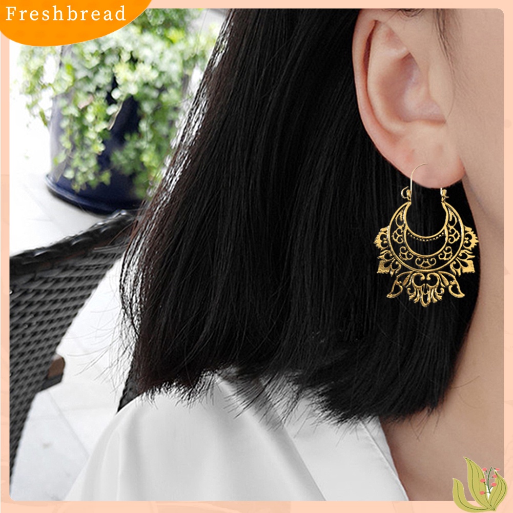 &lt; Freshbread &gt; Vintage Wanita Setengah Lingkaran Berongga Keluar Terukir Berlebihan Anting Perhiasan Hadiah