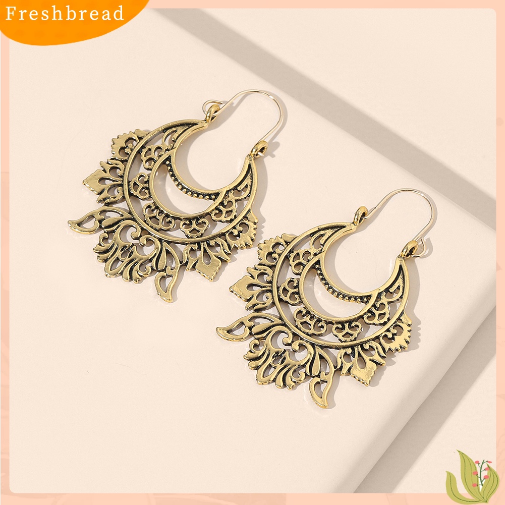 &lt; Freshbread &gt; Vintage Wanita Setengah Lingkaran Berlebihan Tindik Bunga Terukir Anting Perhiasan