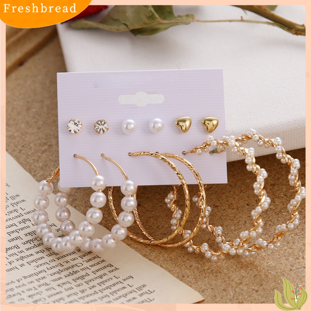 < Freshbread > 6pasang/lembar Indah Wanita Lingkaran Besar Rumbai Mutiara Imitasi Menjuntai Anting-Anting Perhiasan Aksesori