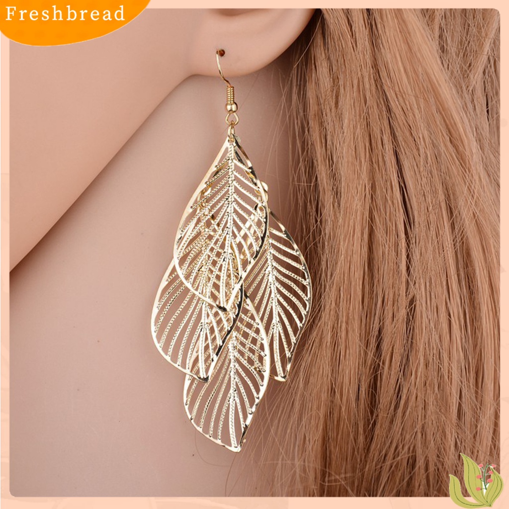 &lt; Freshbread &gt; 1pasang Lady Menjuntai Anting Stainless Indah Curled Tepi Berongga Keluar Bentuk Daun Anting Gantung Perhiasan Perempuan