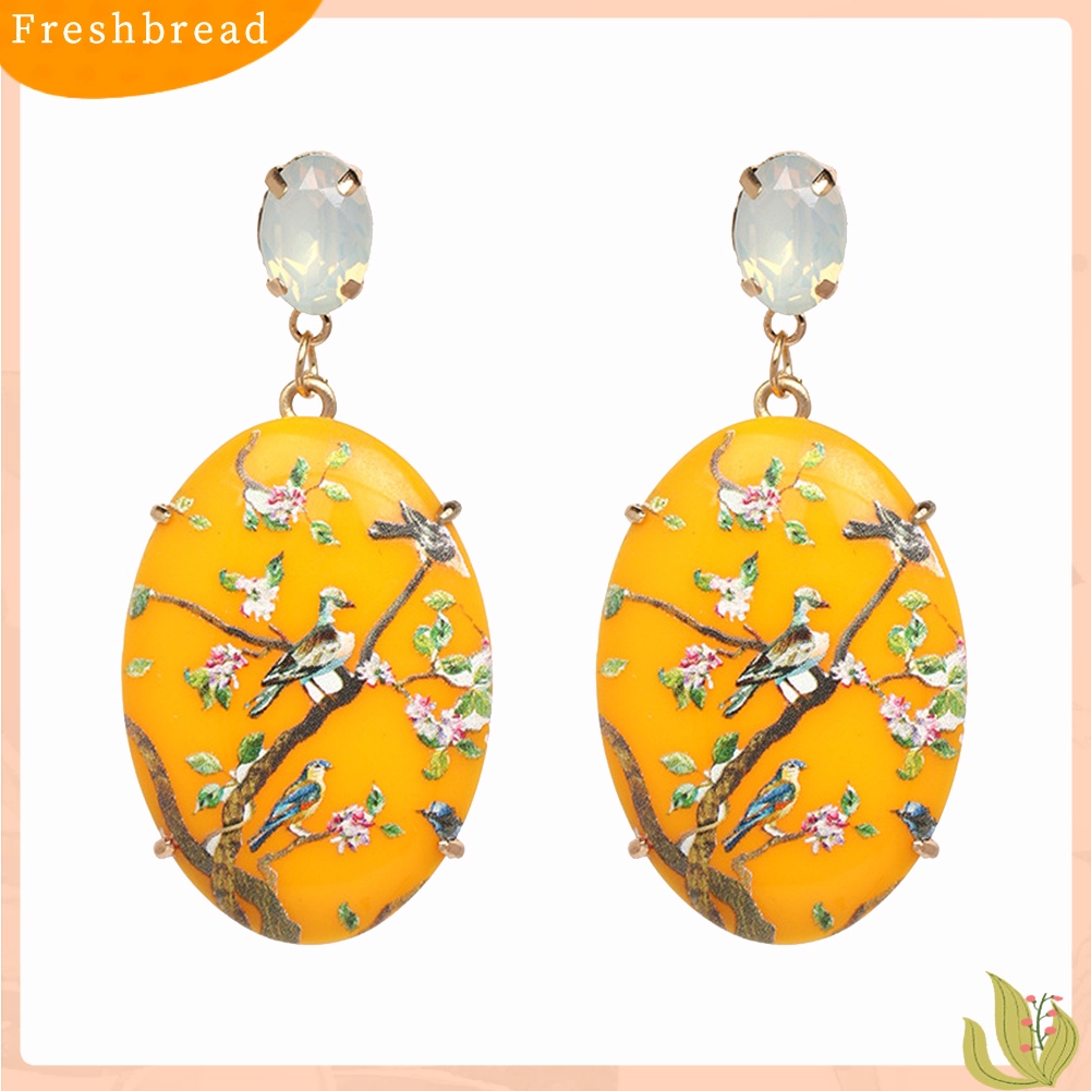 &lt; Freshbread &gt; Retro Wanita Bunga Oval Imitasi Batu Permata Menjuntai Anting Eardrop Pesta Perhiasan