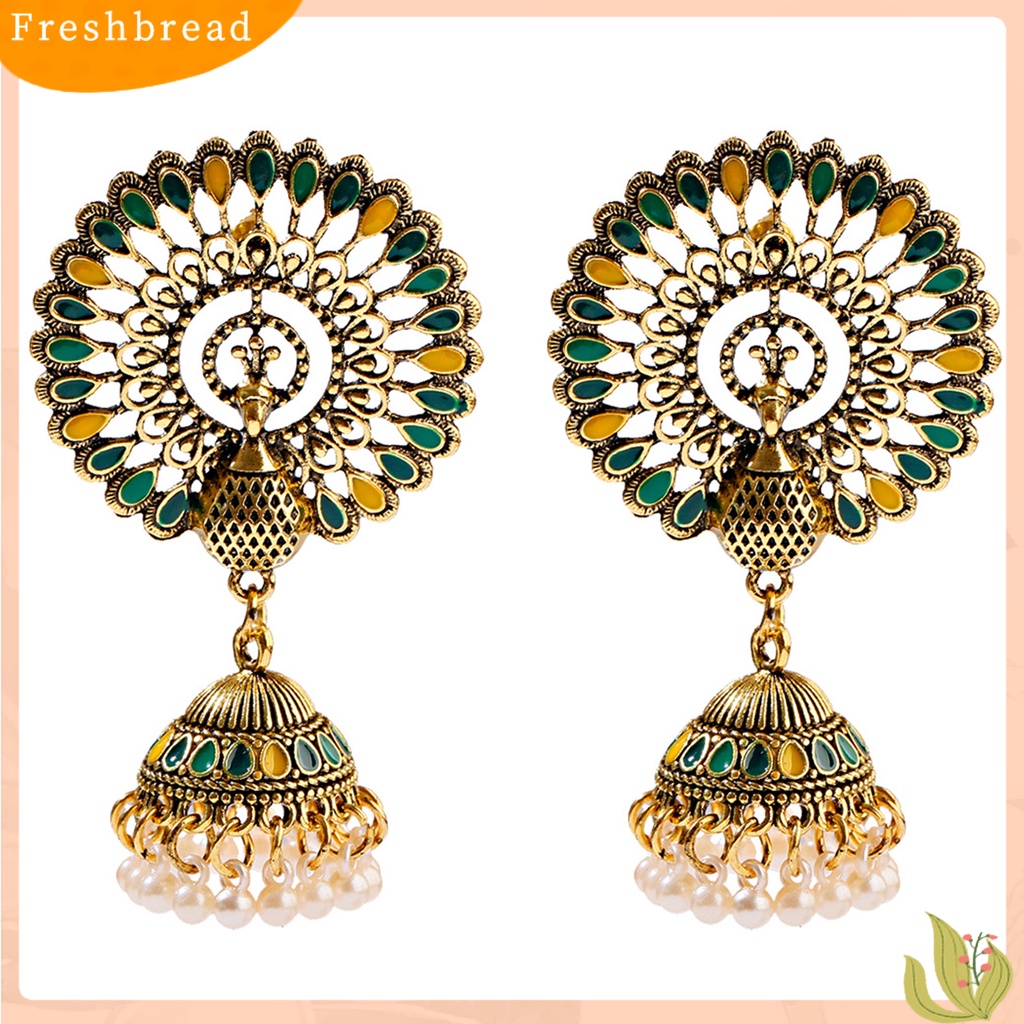 &lt; Freshbread &gt; 2Pcs Anting Menjuntai Gaya India Bell Rumbai Mutiara Imitasi Warna-Warni Geometris Hias Hadiah Wanita Merak Liontin Anting Perhiasan Fashion Untuk Pakaian Sehari-Hari