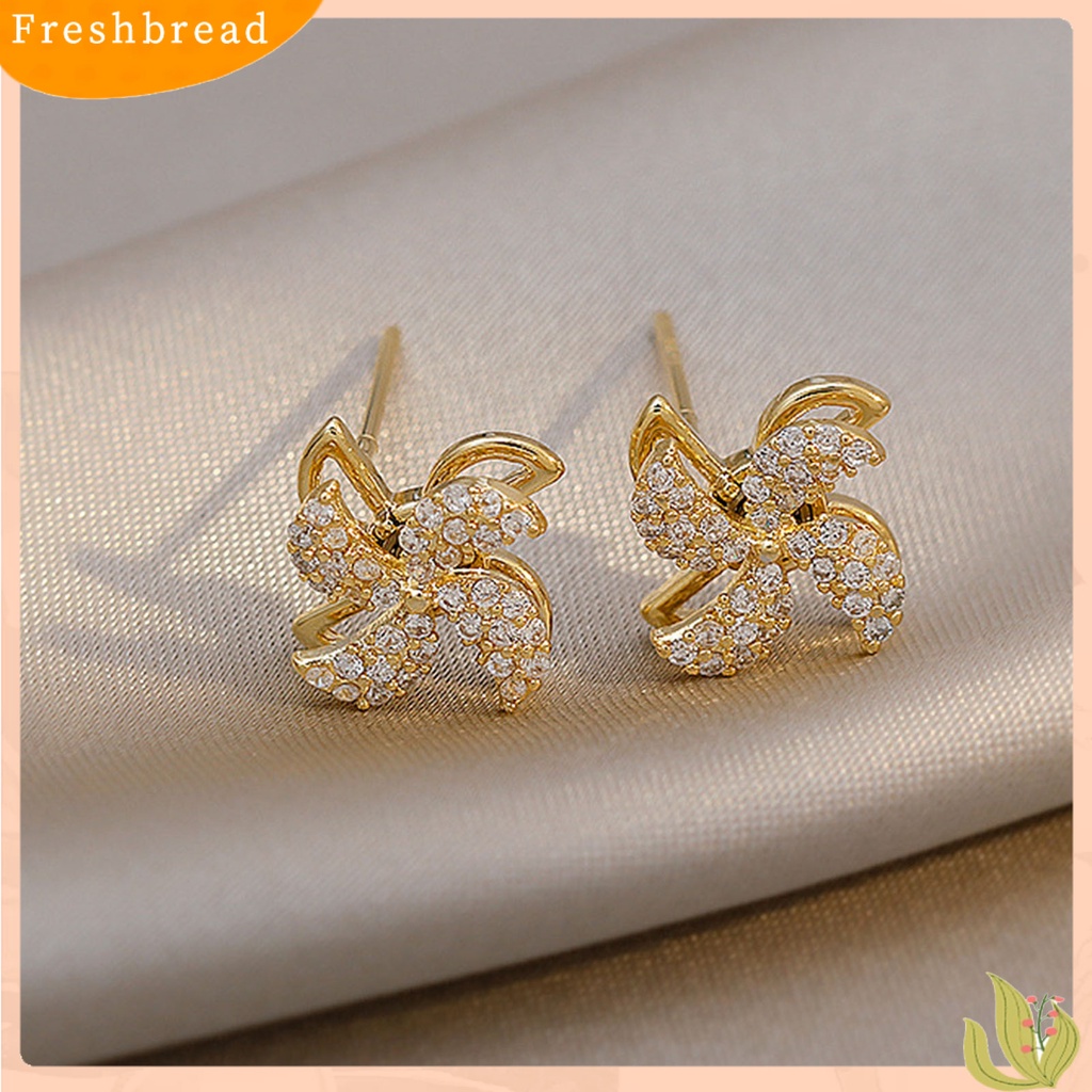 &lt; Freshbread &gt; Ear Studs Rotating Windmill Shape Rhinestone Gaya Korea Shiny All Match Stud Earrings Aksesoris Perhiasan