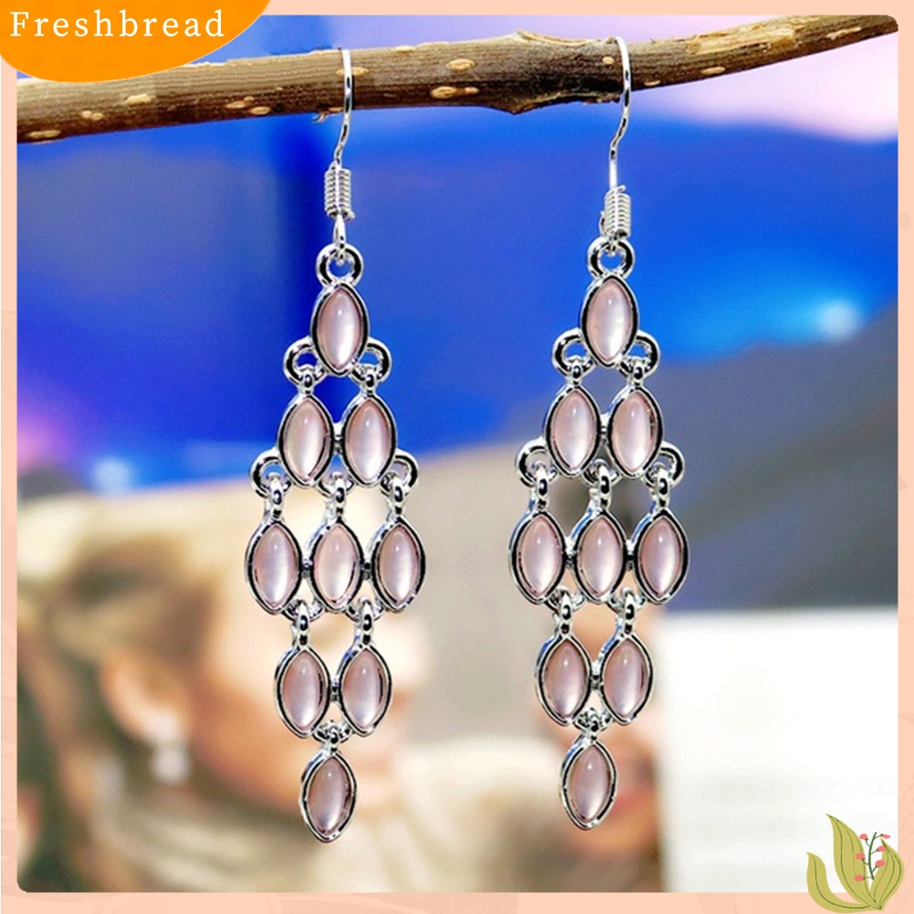 &lt; Freshbread &gt; Fashion Cat Eye Faux Moonstone Menjuntai Panjang Wanita Anting Kait Perhiasan Pesta